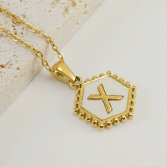 Necklace 316L Stainless Steel Hexagonal Natural Shell Letter Gold Inlaid Pendant For Women