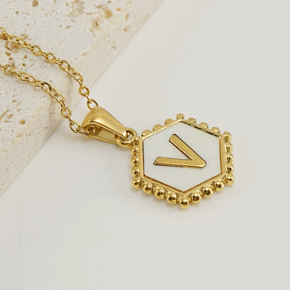 Necklace 316L Stainless Steel Hexagonal Natural Shell Letter Gold Inlaid Pendant For Women