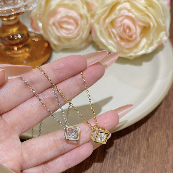 Necklace Titanium Steel Hollow Love Rubik's Cube Geometric Pendant Cross Chain Set With Precious Stones For Women