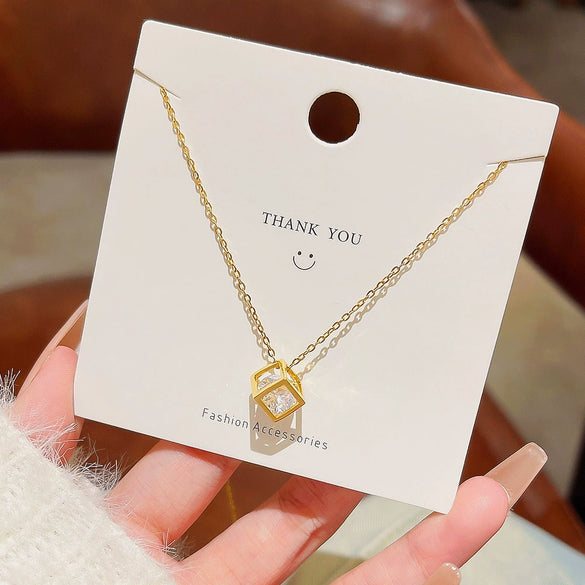Necklace Titanium Steel Hollow Love Rubik's Cube Geometric Pendant Cross Chain Set With Precious Stones For Women