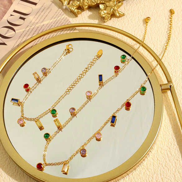 Necklace 316L Stainless Steel 18K Gold Plated Geometric Round Rectangular Zircon Fashion