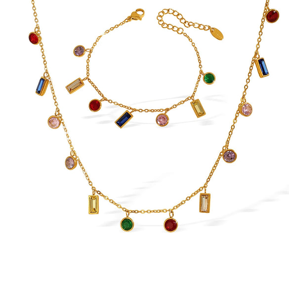 Necklace 316L Stainless Steel 18K Gold Plated Geometric Round Rectangular Zircon Fashion