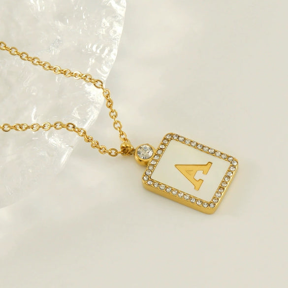 Necklace 316L Stainless Steel 18K Gold Plated Square Diamond English Letter Pendant For Women