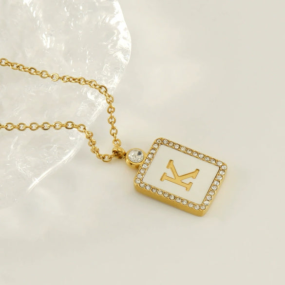 Necklace 316L Stainless Steel 18K Gold Plated Square Diamond English Letter Pendant For Women