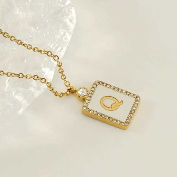 Necklace 316L Stainless Steel 18K Gold Plated Square Diamond English Letter Pendant For Women