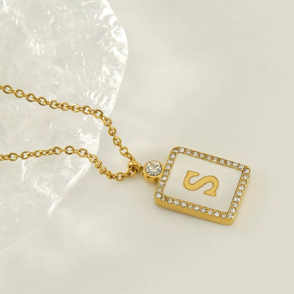 Necklace 316L Stainless Steel 18K Gold Plated Square Diamond English Letter Pendant For Women