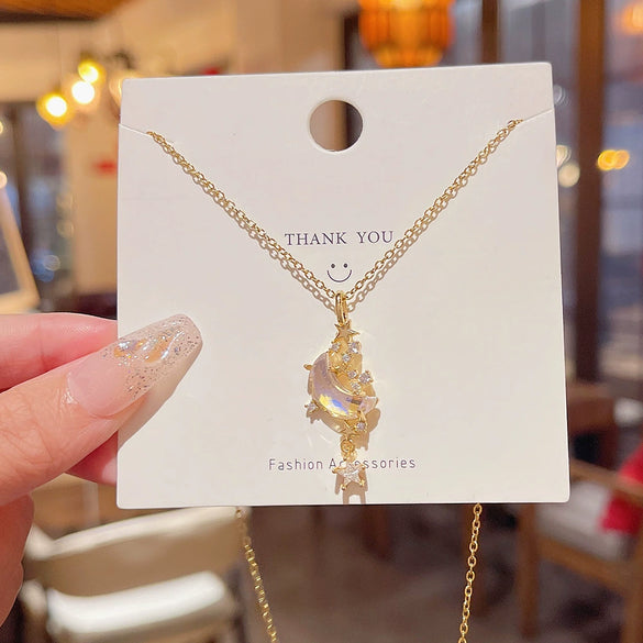 Necklace Titanium Steel Light Luxury Star Moon Pendant Mixed Gemstone Setting Women's Cross Chain