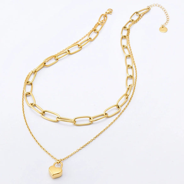 Necklace Titanium Steel Love Lock Pendant Doublelayer Chain Geometric Hiphop Cold Style Electroplated