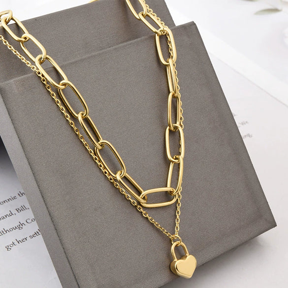 Necklace Titanium Steel Love Lock Pendant Doublelayer Chain Geometric Hiphop Cold Style Electroplated
