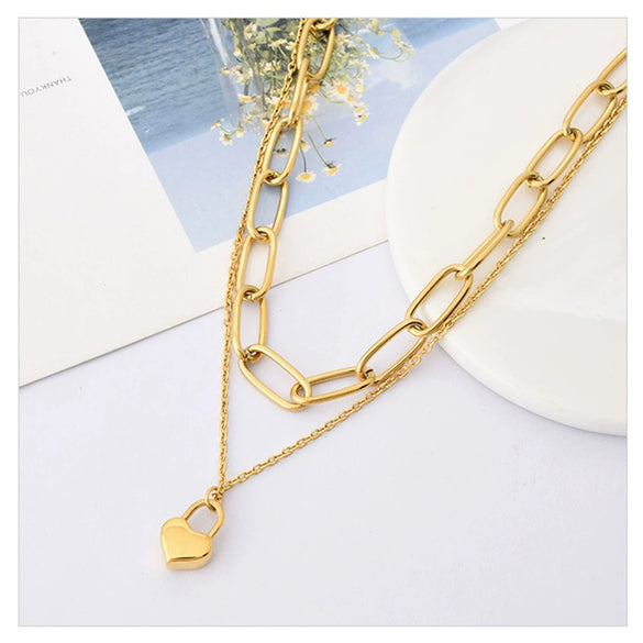 Necklace Titanium Steel Love Lock Pendant Doublelayer Chain Geometric Hiphop Cold Style Electroplated