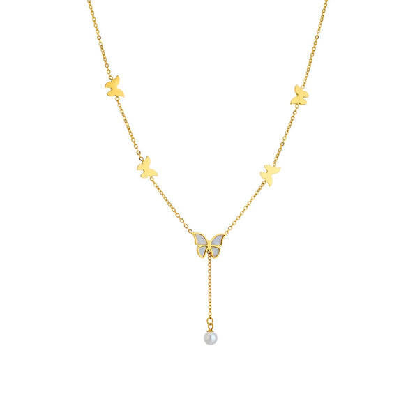 Necklace Titanium Steel Metal Chain Tassel Pearl Butterfly Pendant Electroplating Animal Style
