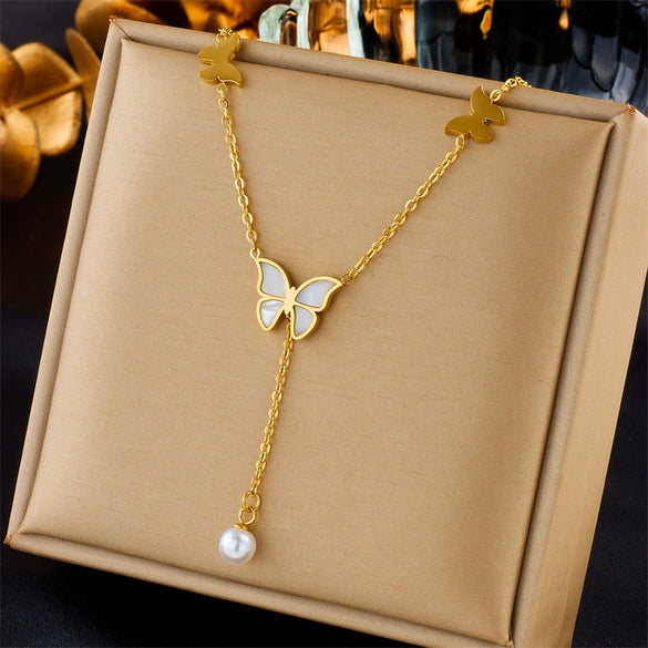 Necklace Titanium Steel Metal Chain Tassel Pearl Butterfly Pendant Electroplating Animal Style