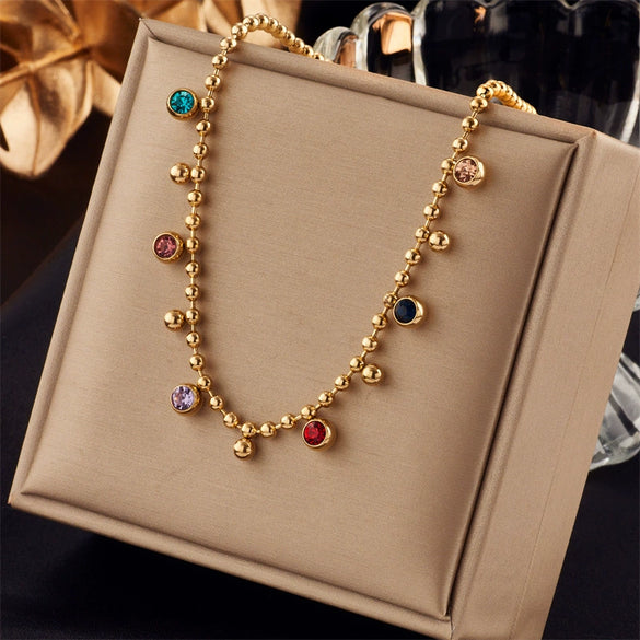 Necklace Titanium Steel Mixed Gemstone Inlay Geometric Round Pendant Electroplating Ball Chain