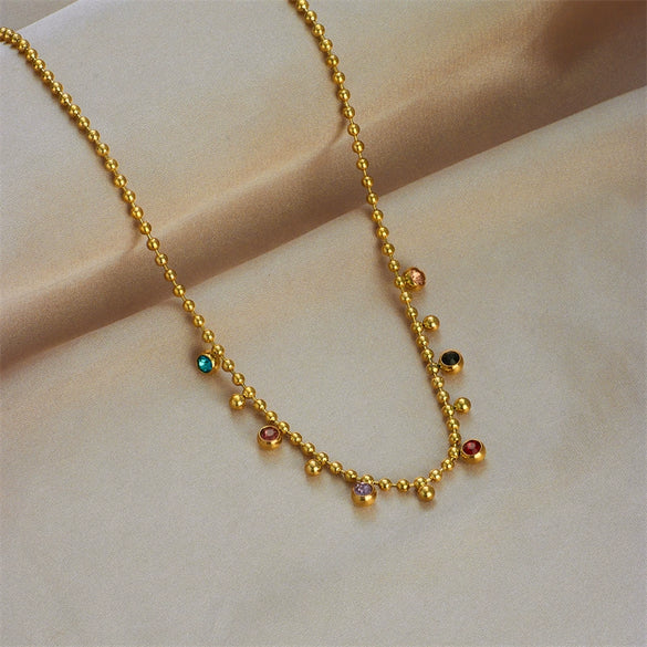 Necklace Titanium Steel Mixed Gemstone Inlay Geometric Round Pendant Electroplating Ball Chain
