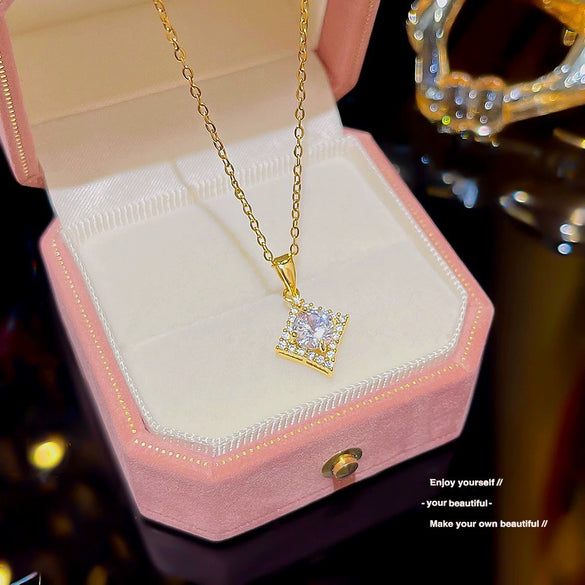Necklace Titanium Steel Mixed Gemstone Setting Leaf Geometric Zircon Light Luxury