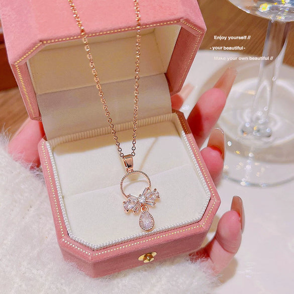 Necklace Titanium Steel Mixed Gemstone Setting Leaf Geometric Zircon Light Luxury