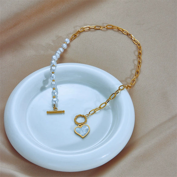 Necklace Titanium Steel Pearl Asymmetric Stitching Love Pendant Electroplating