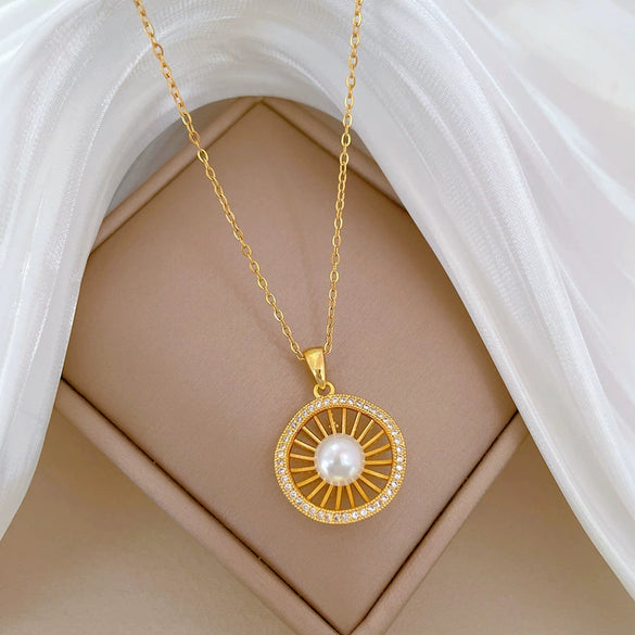 Necklace Titanium Steel Pearl Hollow Bird's Nest Geometric Style Copper Pendant