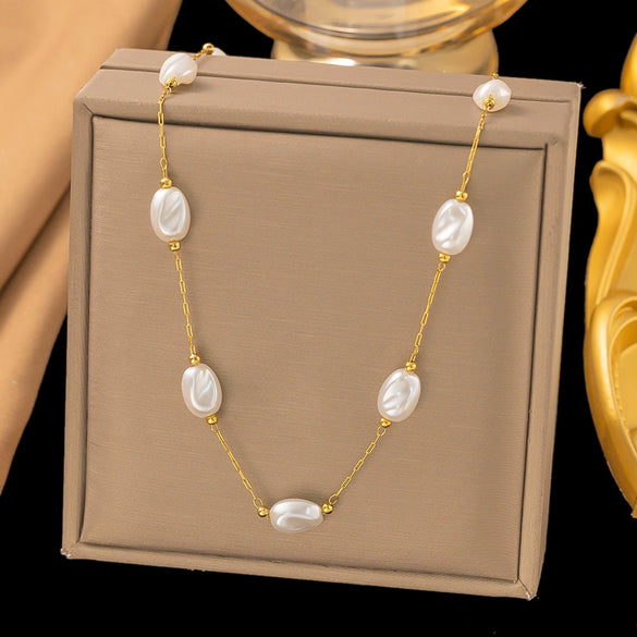 Necklace Titanium Steel Pearl Natural Stone Beaded Irregular Geometric Electroplating Women