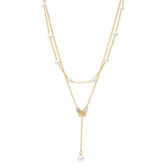 Necklace Titanium Steel Pearl Tassel Butterfly Double Layer Clavicle Chain Electroplating Women's