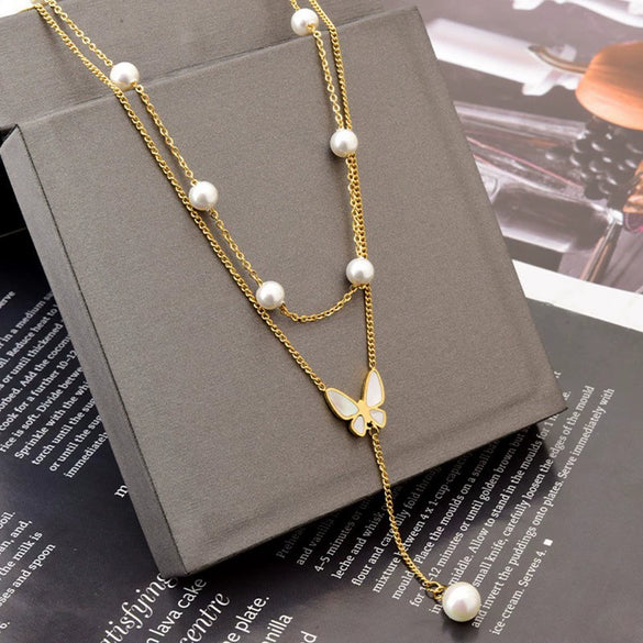 Necklace Titanium Steel Pearl Tassel Butterfly Double Layer Clavicle Chain Electroplating Women's
