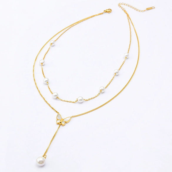 Necklace Titanium Steel Pearl Tassel Butterfly Double Layer Clavicle Chain Electroplating Women's