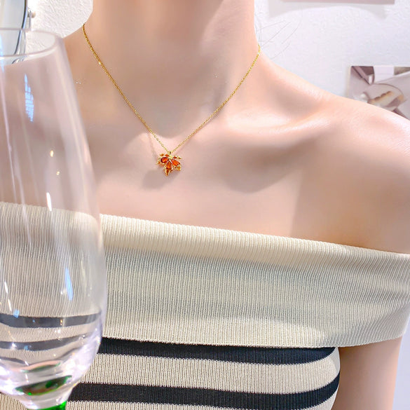 Necklace Titanium Steel Red Maple Leaf Geometric Women's Light Luxury Highend Sense Accessory