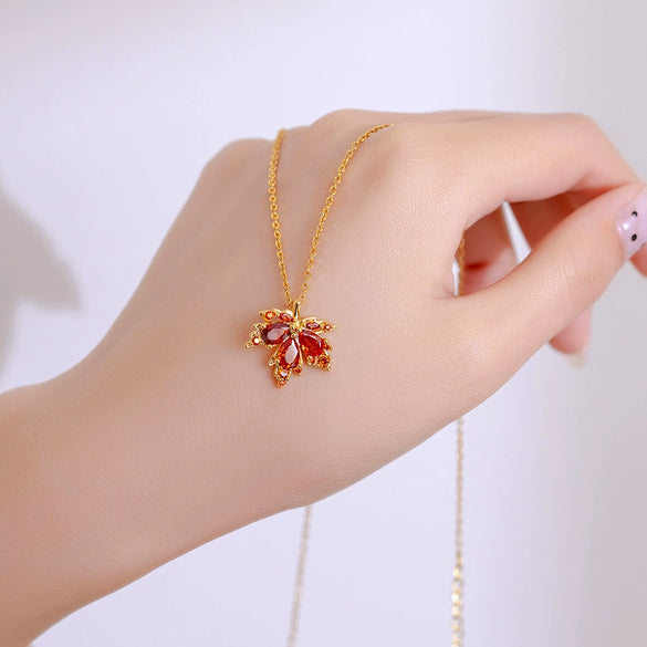 Necklace Titanium Steel Red Maple Leaf Geometric Women's Light Luxury Highend Sense Accessory