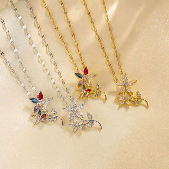 Necklace Titanium Steel Retro Flower Inlaid Zircon Electroplating Water Wave Chain For Women