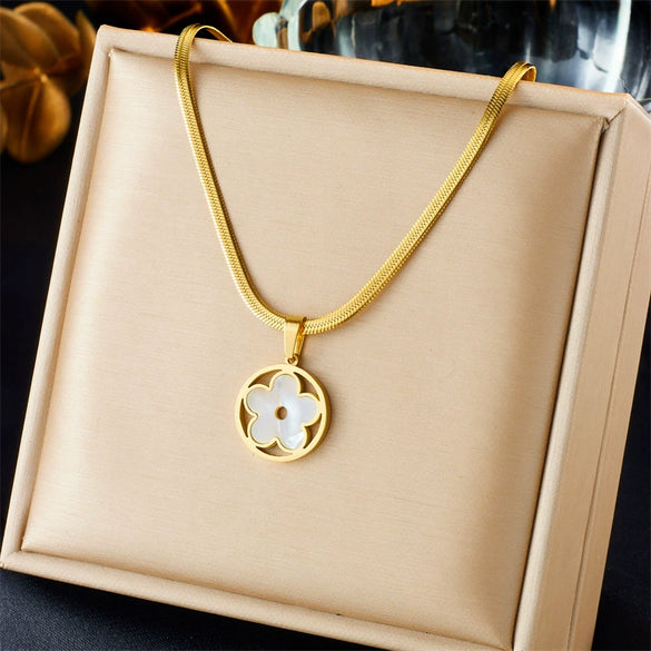 Necklace Titanium Steel Small Round Flower Pendant Gold Plated Snake Bone Chain Fashion Style