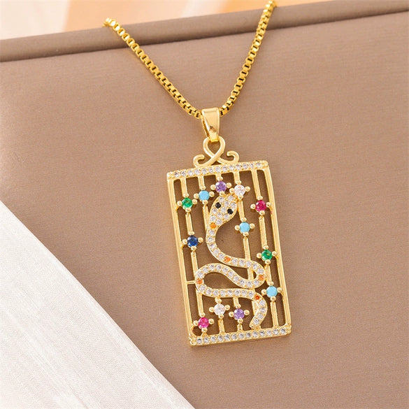 Necklace Titanium Steel Square Snake Shaped Mixed Gem Inlay Electroplating Women's
