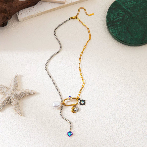 Necklace Titanium Steel Star Moon Pearl Stitching Electroplating Unisex