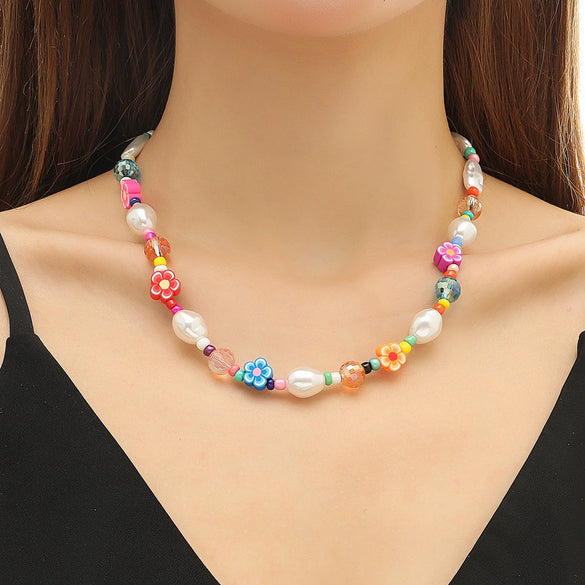 Necklace Women's Beaded Sweet Style With Flower Pattern Mixed Gem Inlay Electroplating Ball Chain