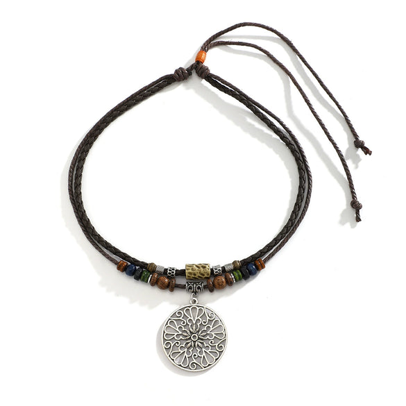 Necklace Women's Beaded Wooden Alloy Leaves Pattern Electroplating Vintage Style