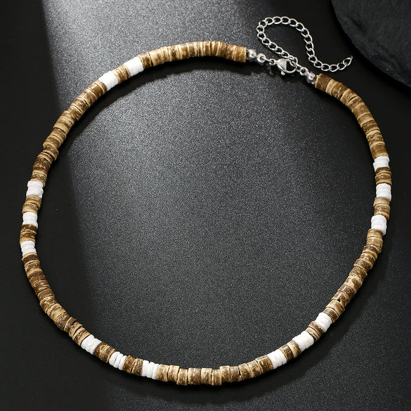Necklace Wood Chip Coconut Shell Bohemian Geometric Handmade Stainless Steel