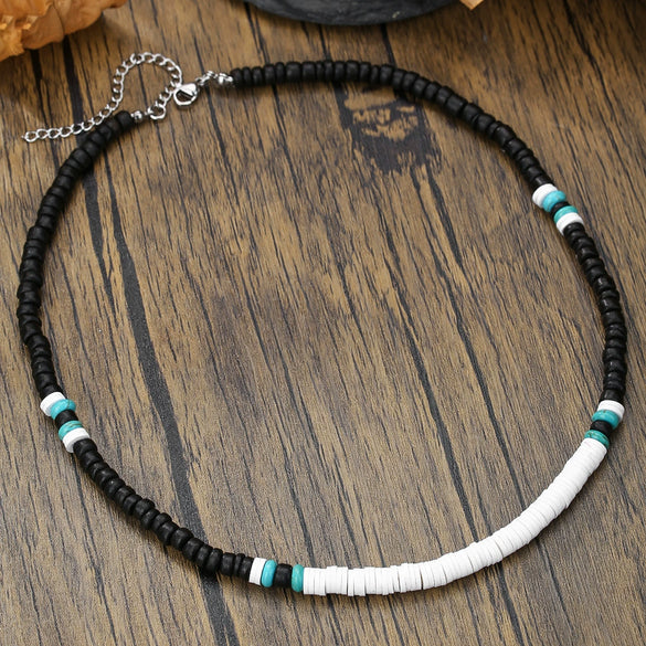Necklace Wood Chip Coconut Shell Bohemian Geometric Handmade Stainless Steel