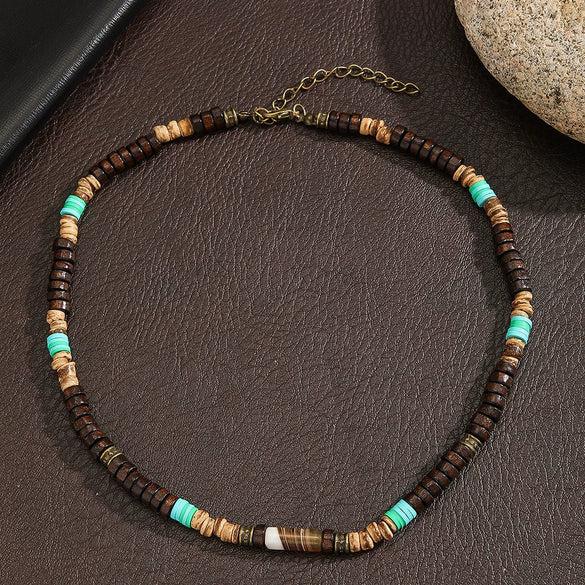 Necklace Wood Chip Coconut Shell Bohemian Geometric Handmade Stainless Steel