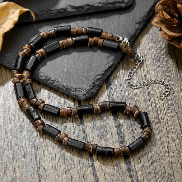 Necklace Wood Chip Coconut Shell Bohemian Geometric Handmade Stainless Steel