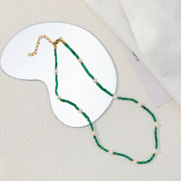 Necklace Zircon Titanium Steel Geometric Handmade Freshwater Pearl Beaded Clavicle Chain For Women