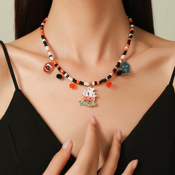 Necklaces Alloy Glass Glazed Rice Bead Handmade With Scary Ghost Tombstone Pumpkin Festive Elements For Women