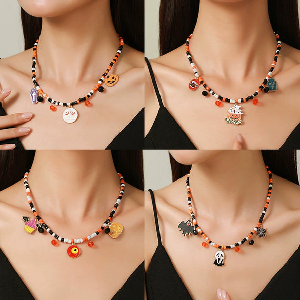 Necklaces Alloy Glass Glazed Rice Bead Handmade With Scary Ghost Tombstone Pumpkin Festive Elements For Women