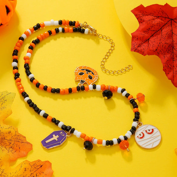 Necklaces Alloy Glass Glazed Rice Bead Handmade With Scary Ghost Tombstone Pumpkin Festive Elements For Women