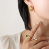 Neutral Retro 316L Stainless Steel Cshaped Earrings With White Green Zircon Inlaid And 18K Real Gold Plated