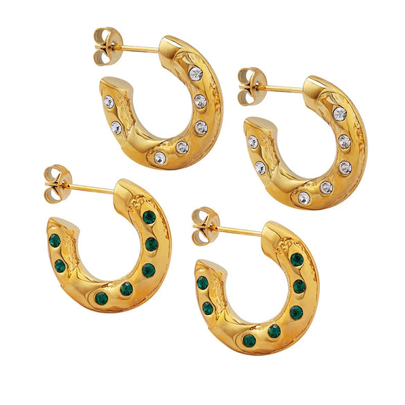 Neutral Retro 316L Stainless Steel Cshaped Earrings With White Green Zircon Inlaid And 18K Real Gold Plated