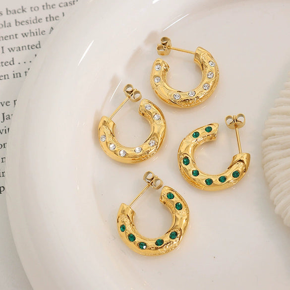 Neutral Retro 316L Stainless Steel Cshaped Earrings With White Green Zircon Inlaid And 18K Real Gold Plated