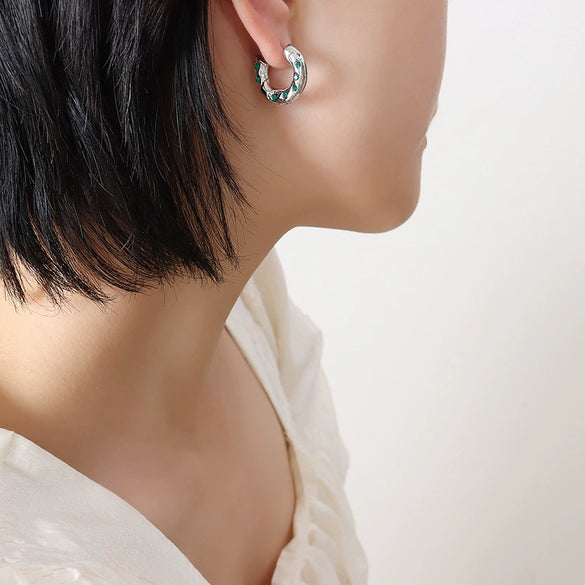 Neutral Retro 316L Stainless Steel Cshaped Earrings With White Green Zircon Inlaid And 18K Real Gold Plated