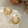 Neutral Retro 316L Stainless Steel Cshaped Earrings With White Green Zircon Inlaid And 18K Real Gold Plated