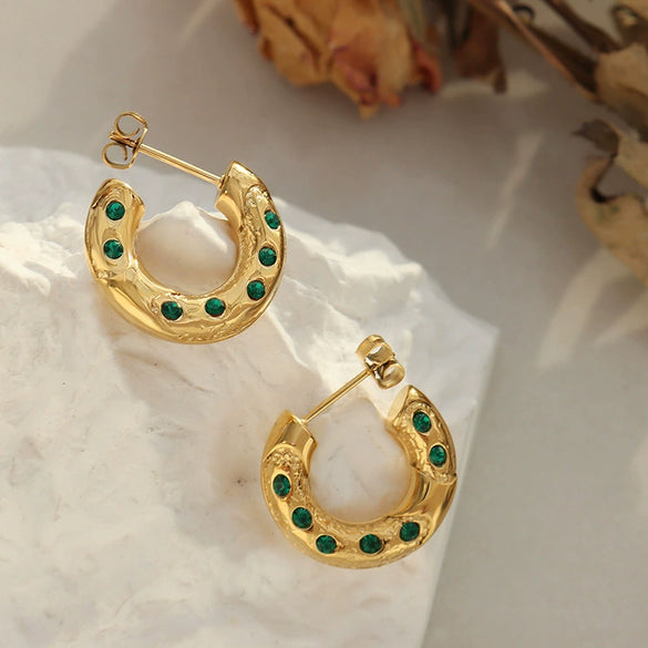 Neutral Retro 316L Stainless Steel Cshaped Earrings With White Green Zircon Inlaid And 18K Real Gold Plated