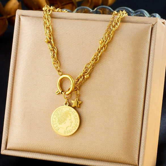 Neutral Style Goldplated Stainless Steel Coin Round Pendant Earrings Necklace Bracelet