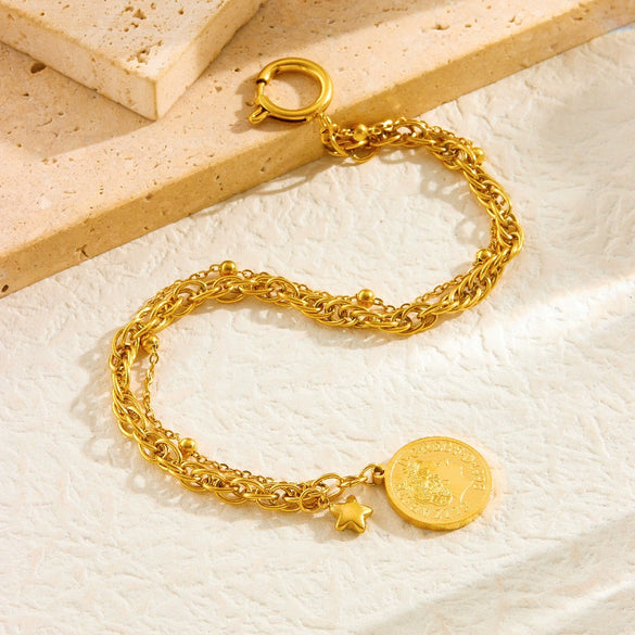 Neutral Style Goldplated Stainless Steel Coin Round Pendant Earrings Necklace Bracelet